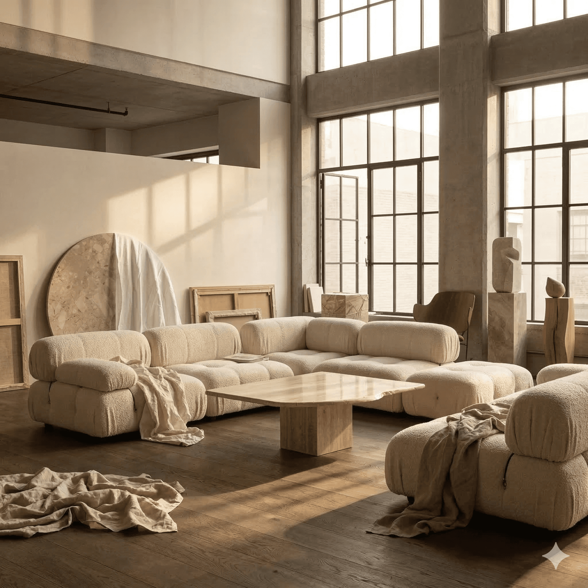 Minimalist entrance with warm beige render, clean steps, and a circular architectural cutout lit by daylight.