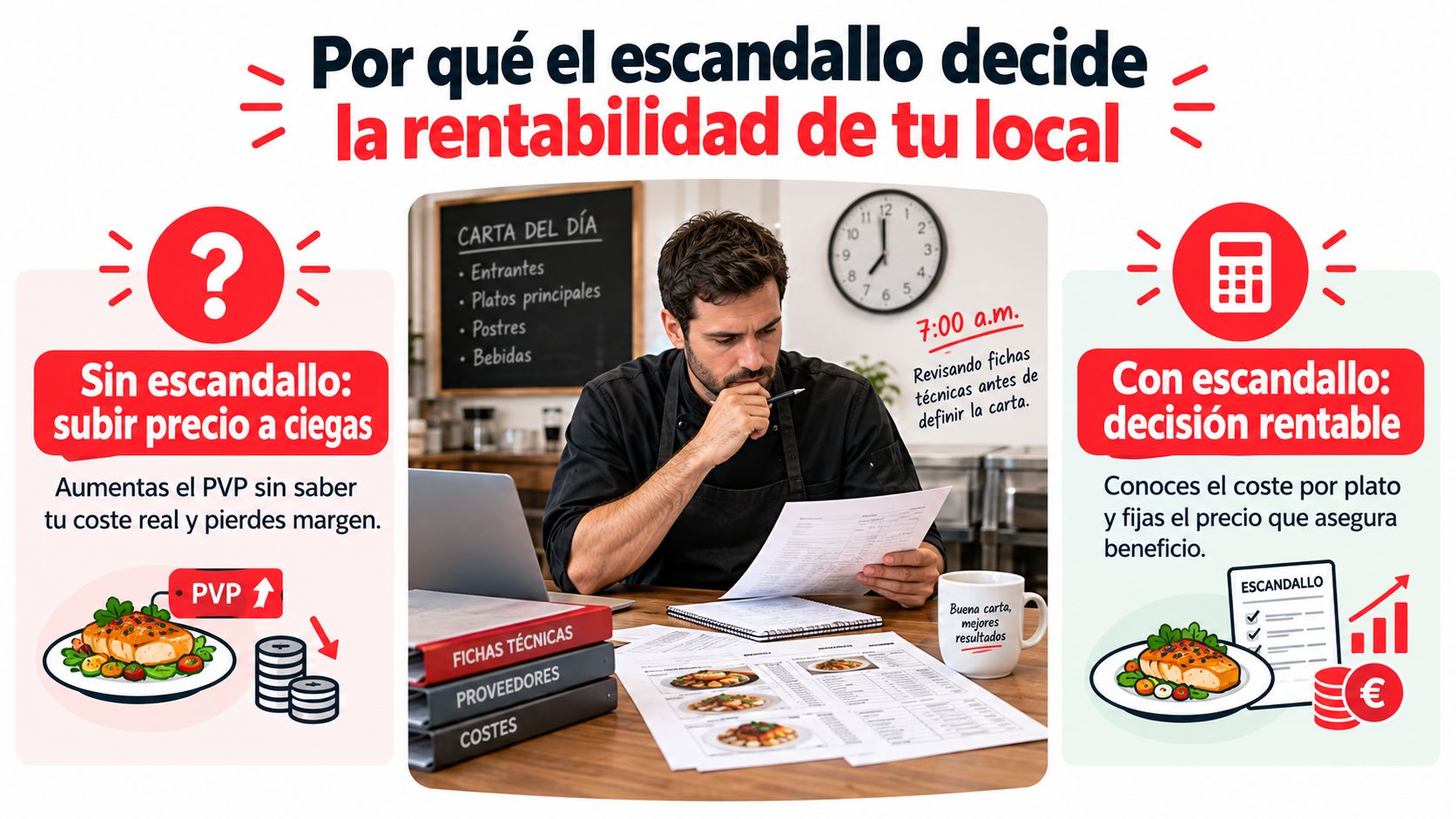 Un chef revisa sus costes y fichas técnicas para asegurar la rentabilidad de su restaurante de forma eficiente.
