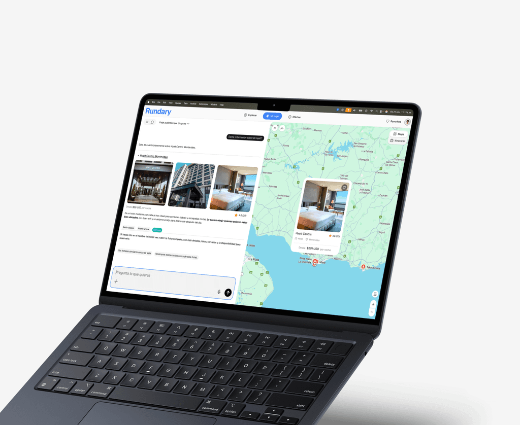Interfaz web de Rundary en una laptop mostrando mapa y hoteles, plataforma de turismo con IA para organizar viajes por Uruguay.