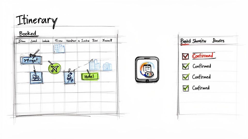 Hand-drawn travel itinerary with flights, hotels, activities, a smartphone app, and a checklist of confirmed bookings.