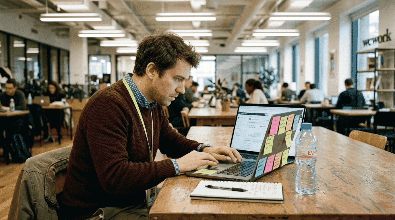 Ad manager using AI campaign tool on laptop