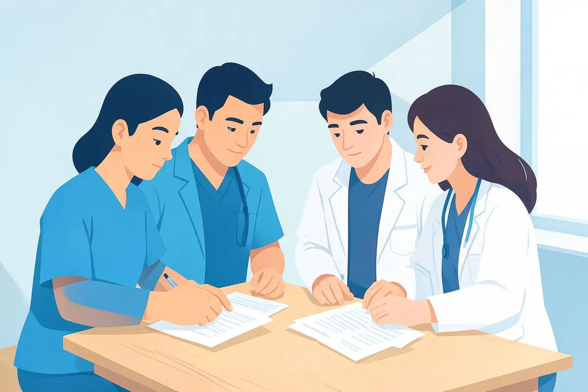 A diverse group of healthcare professionals collaborating around a table with medical charts, representing teamwork in a medical setting.