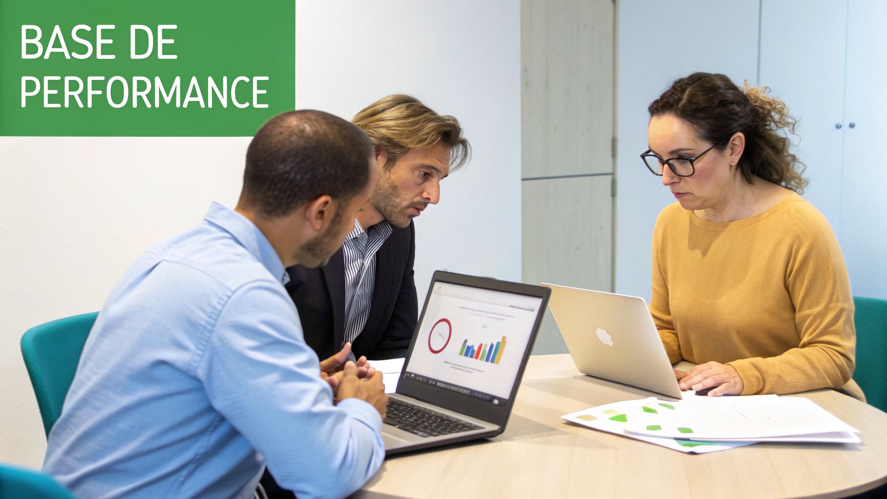 Trois professionnels analysent des données sur des ordinateurs portables dans un bureau, avec une pancarte 