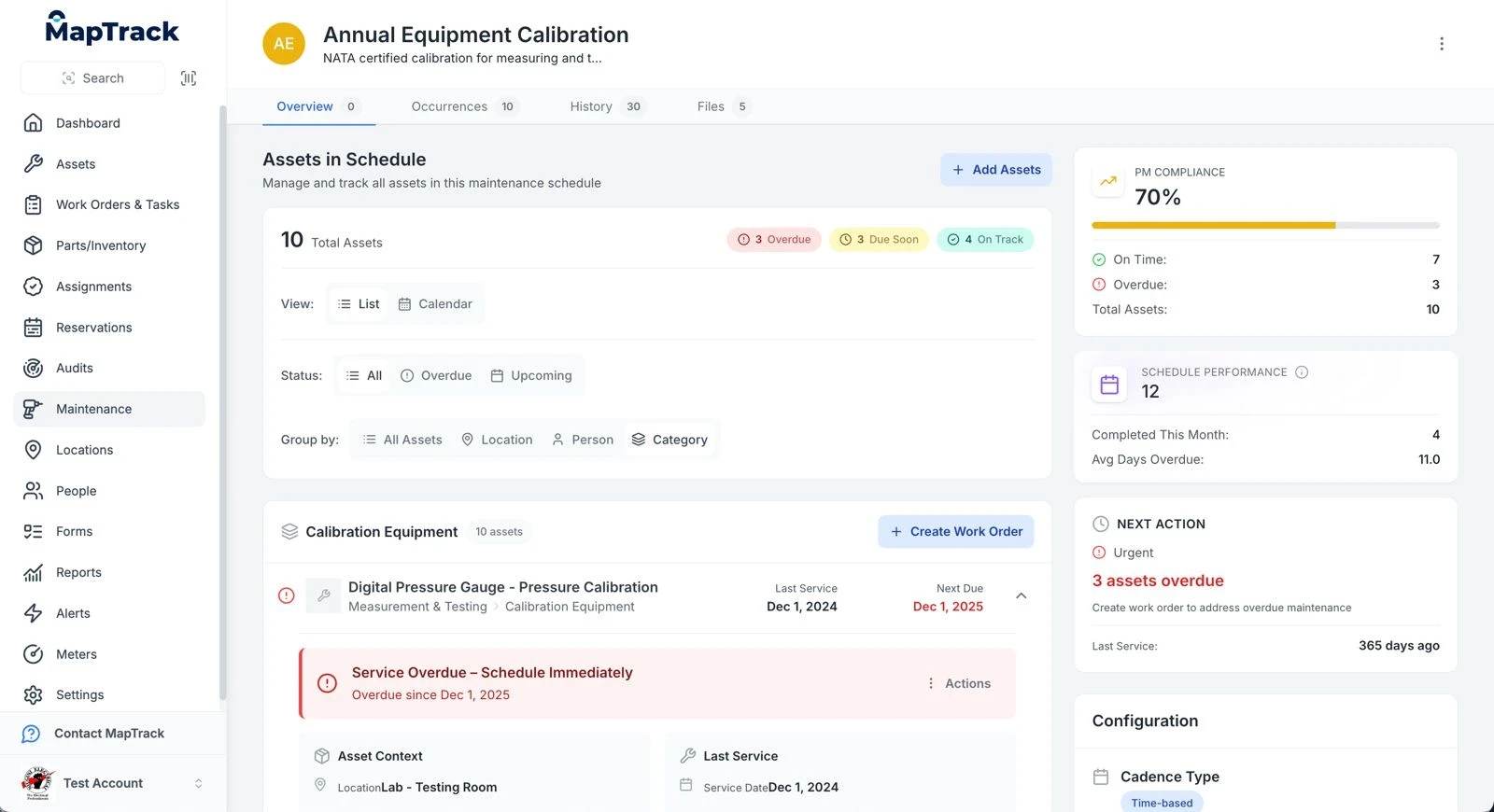 Maintenance dashboard in MapTrack showing multiple assets and their service schedules.