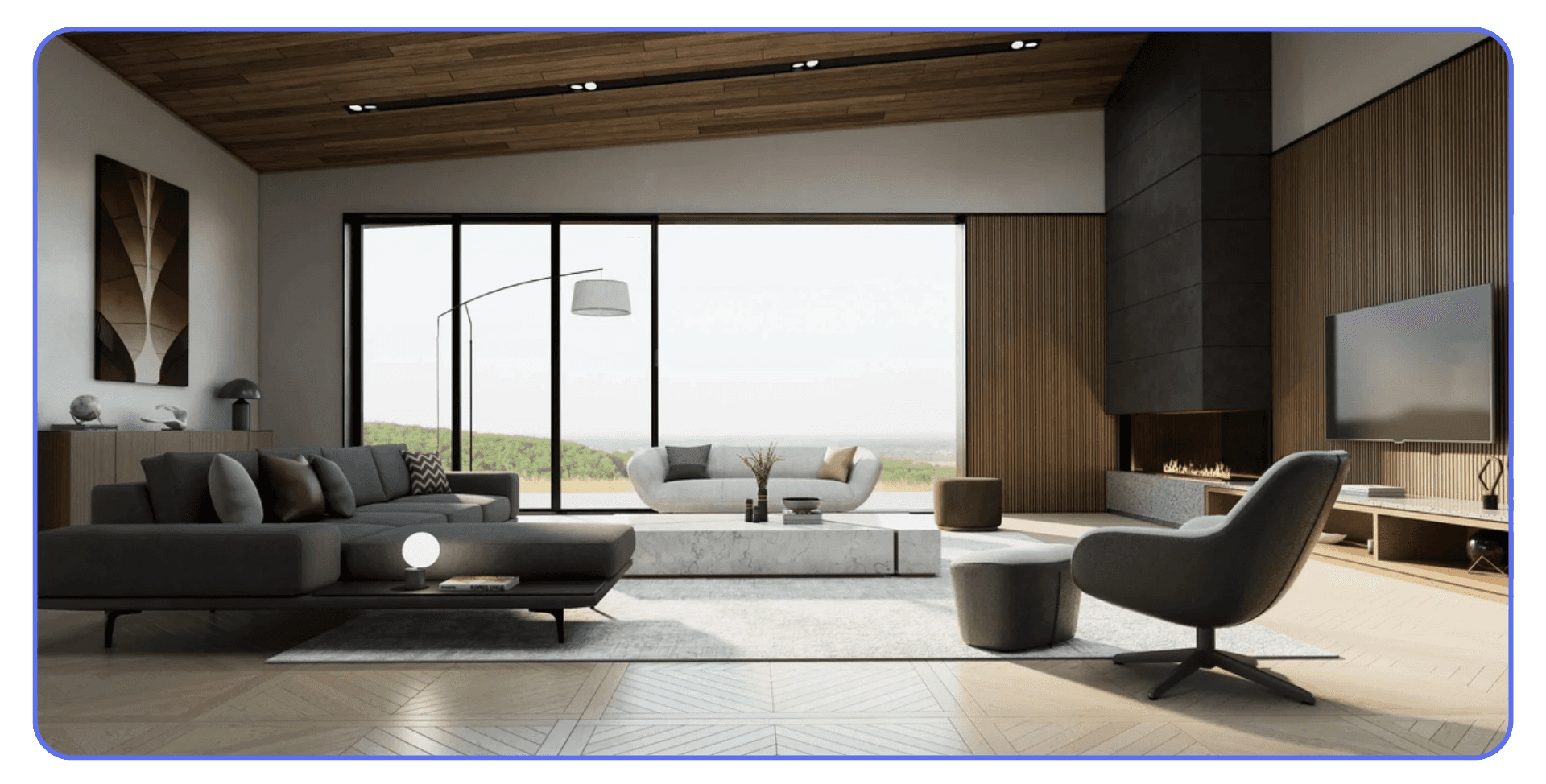 Photorealistic interior rendering of a modern living room with large windows, contemporary furniture, wood accents, and a built-in fireplace.