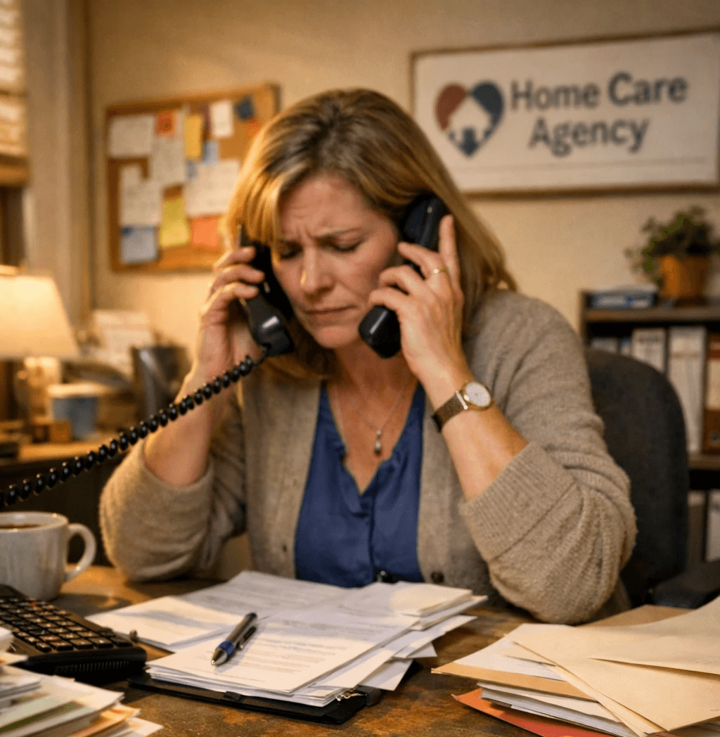 A stressed home care agency owner at a small desk, juggling ringing phones and paperwork, while a missed call notification appears on a smartphone on table. Warm, realistic lighting in a modest office that reflects a growing home care business. Shot on Fujifilm X T4, aspect ratio 3:2