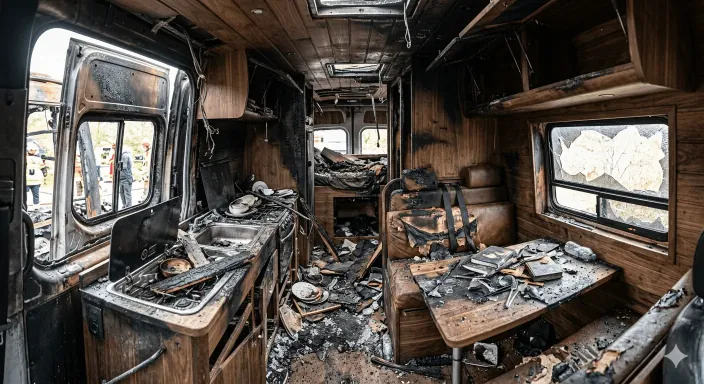 Interior de furgoneta camperizada con muebles de madera destrozada, pérdida económica no cubierta por seguros básicos.