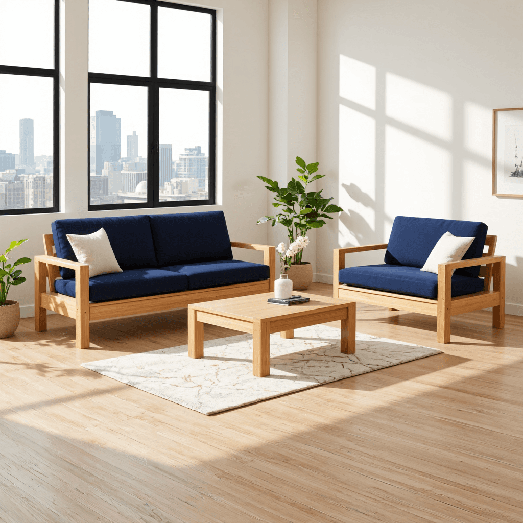 product photography of a set of wooden furniture including a sofa, loveseat, and coffee table