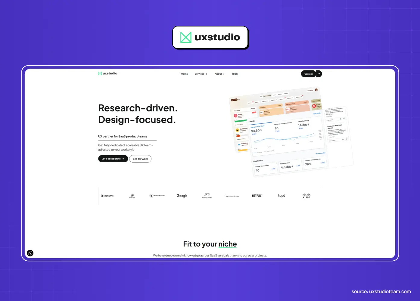 UX Studio website featuring the headline “Research-driven. Design-focused.” alongside a SaaS product dashboard preview.