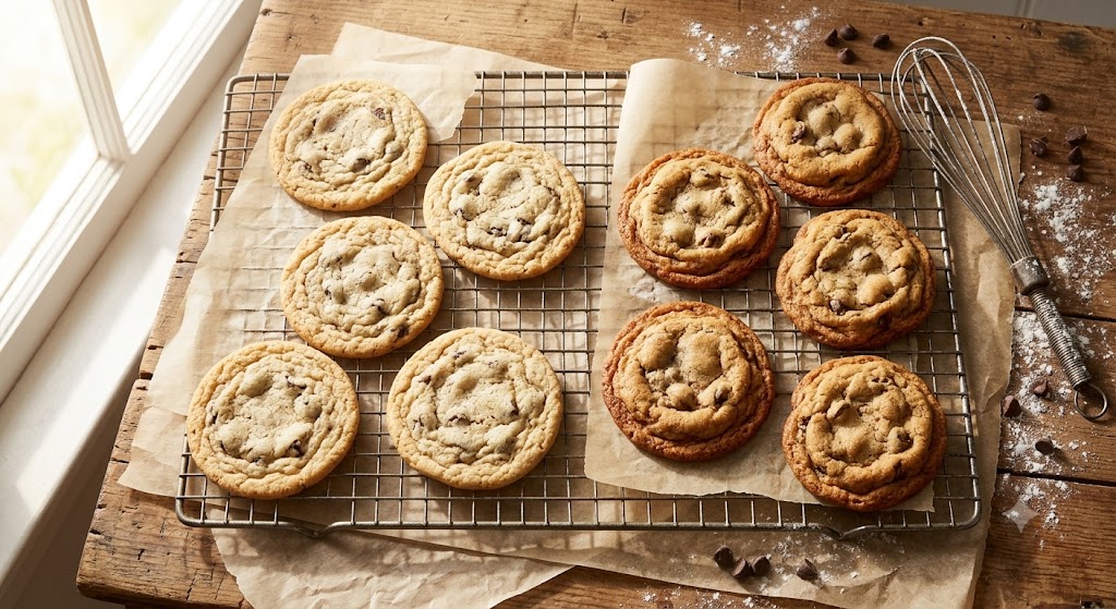 Overhead photograph comparing chocolate chip cookies on a wire rack over a rustic wooden table. The cookies on the left, baked with oat milk, are thicker and chewier, while those on the right, baked with almond milk, are thinner, wider, and crispier, showing the different baking results.