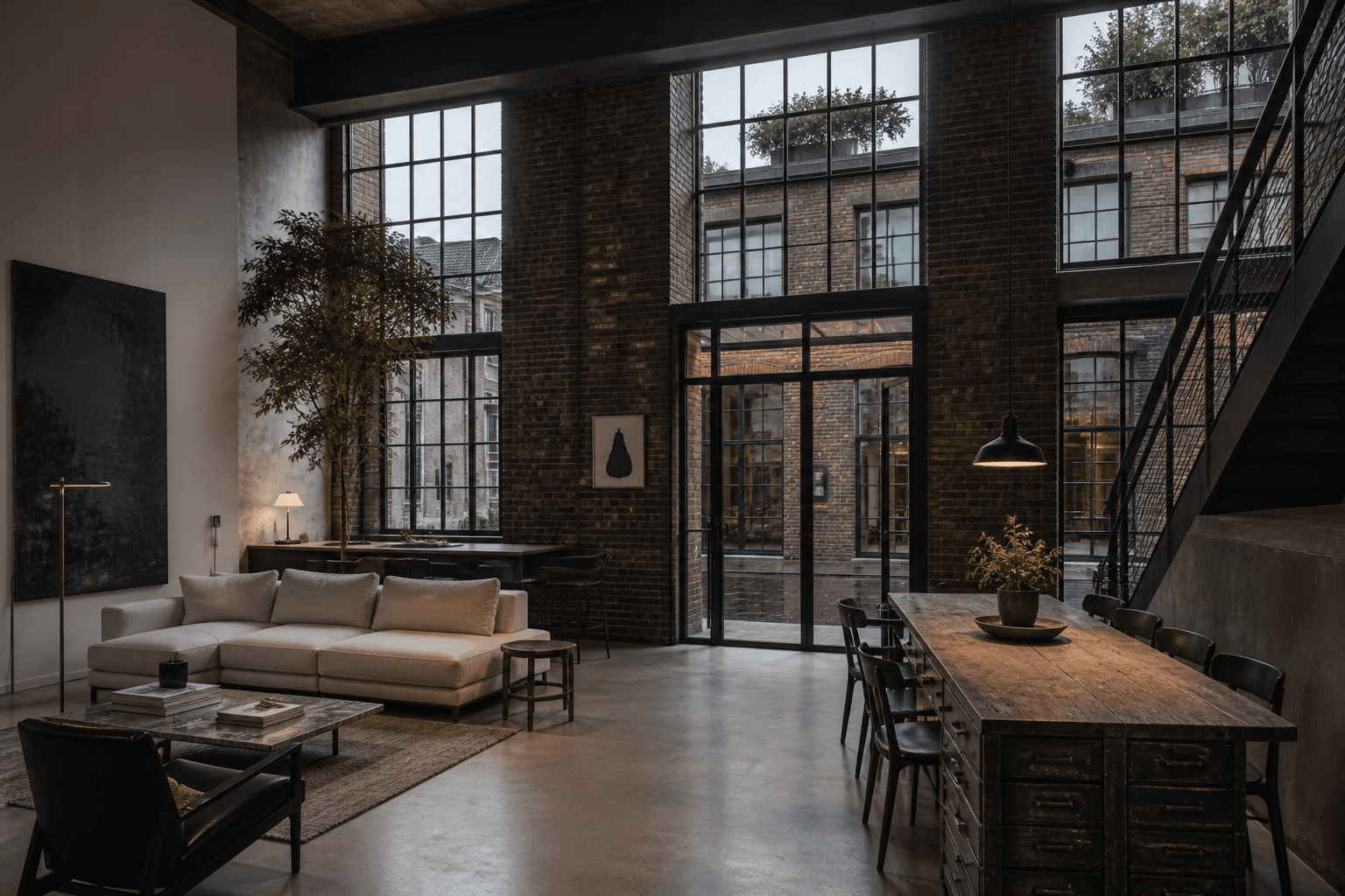 Interior and spatial view of Atelier 17, a converted brick letterpress workshop with a private courtyard in Antwerp, Belgium