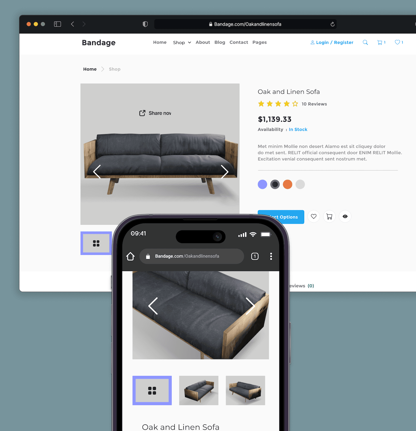 Interactive product view of an Oak and Linen Sofa on desktop and mobile, showcasing 3D previews and fabric color selection.
