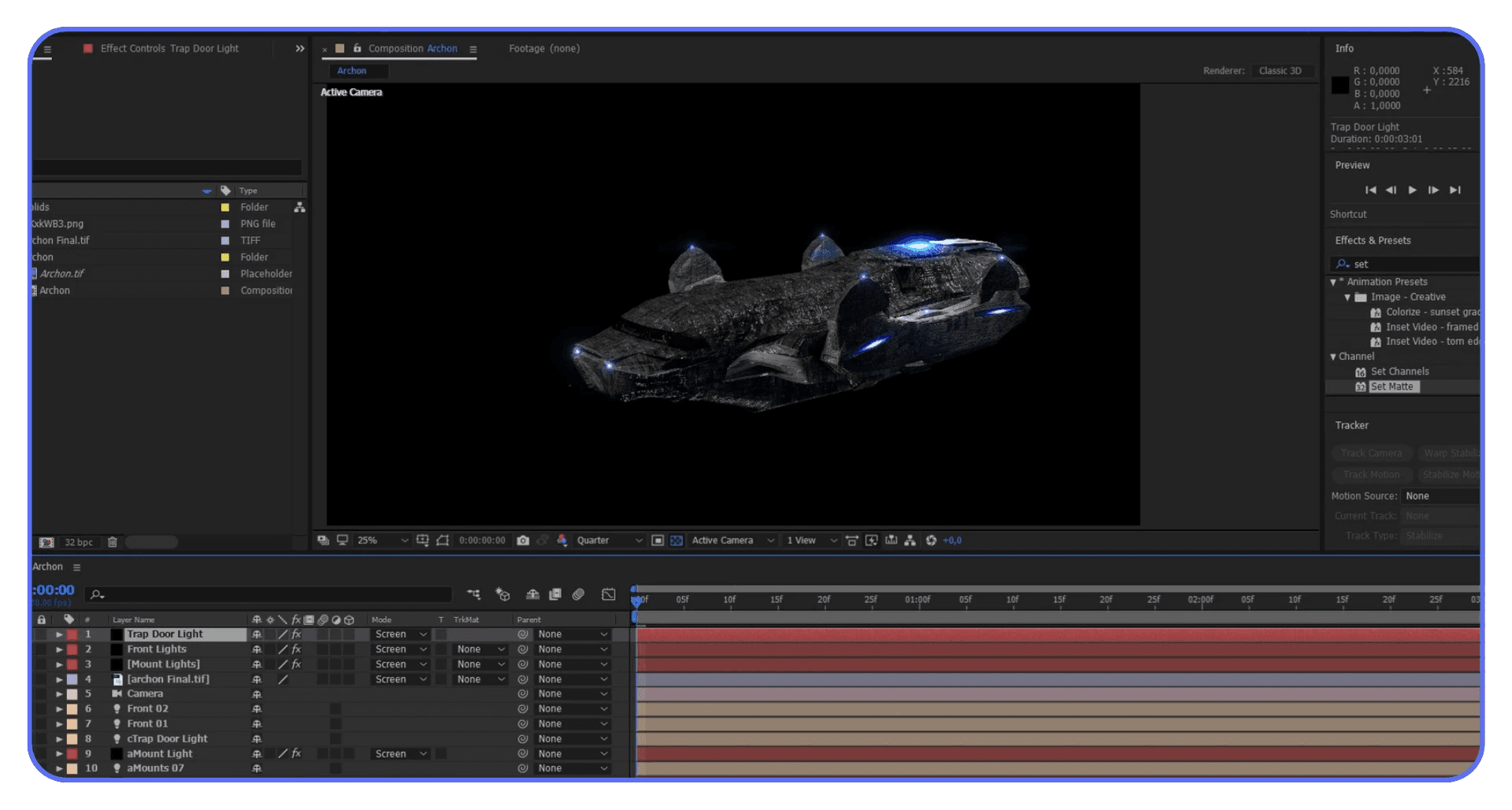 After Effects composition with layered lighting passes and screen blending applied to a 3D object