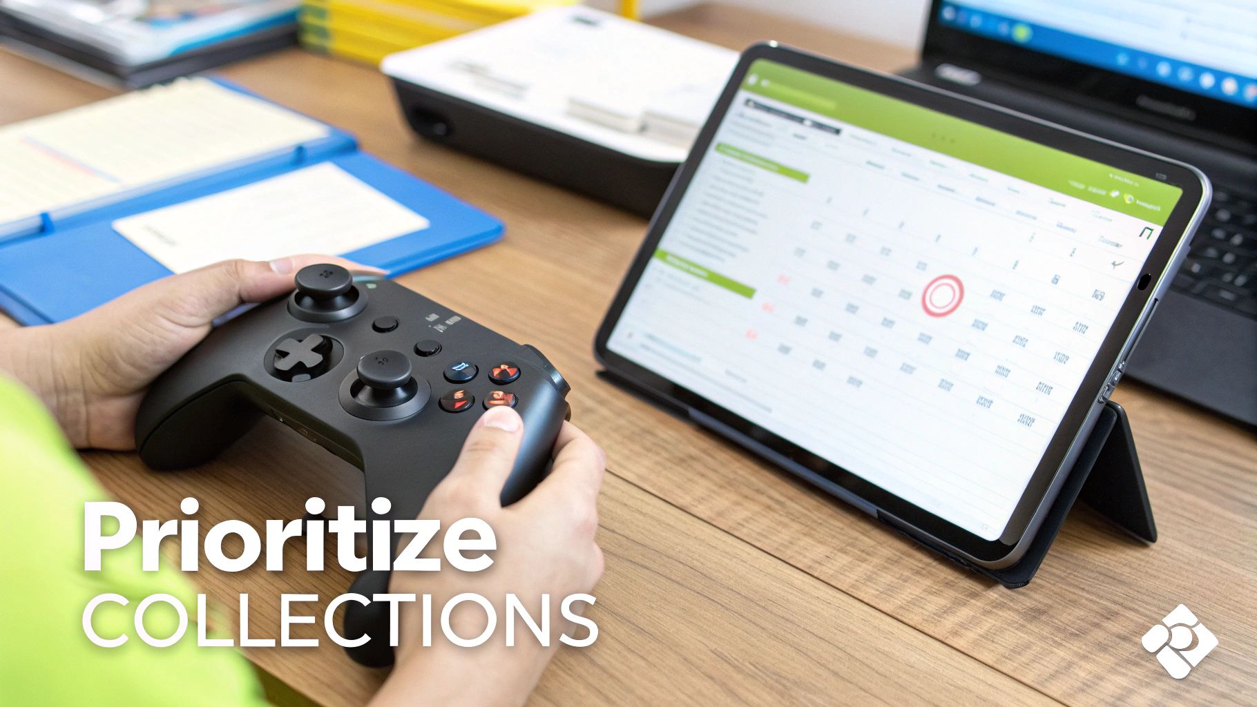 A person holds a game controller next to a tablet displaying a calendar, with 'Prioritize COLLECTIONS' text.