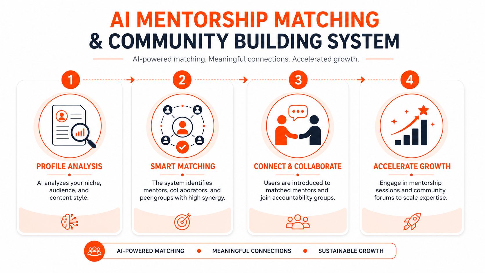 A four-step infographic illustrating an AI-powered mentorship matching and community building system for professional growth.