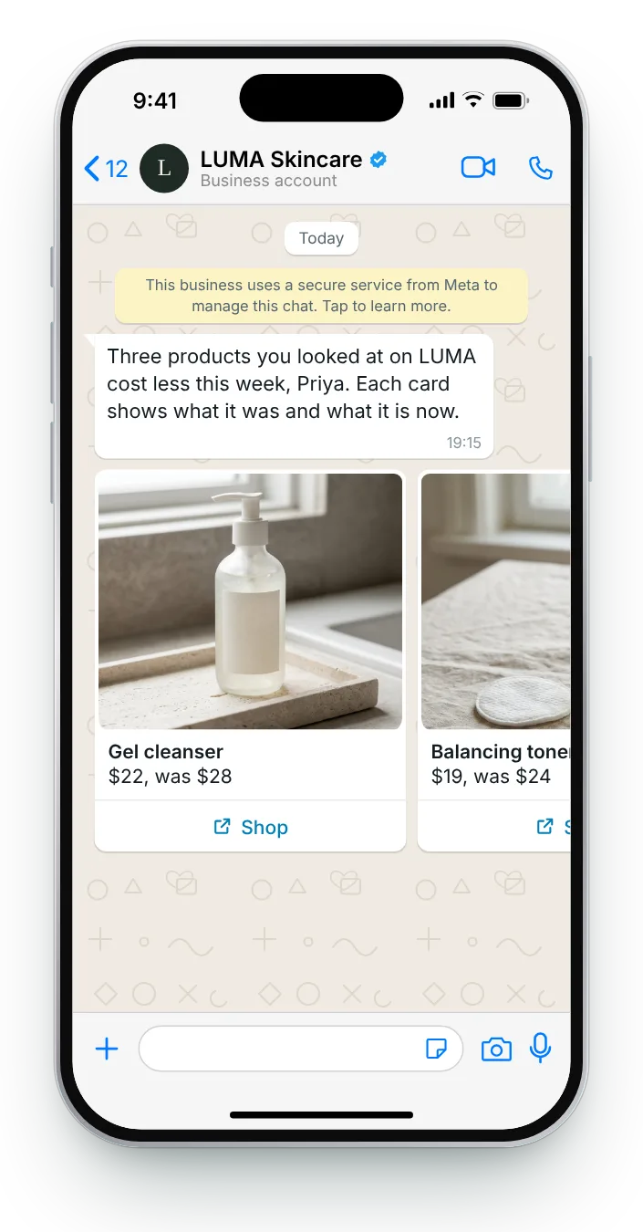 Three viewed products, all cheaper: WhatsApp price drop message on an iPhone