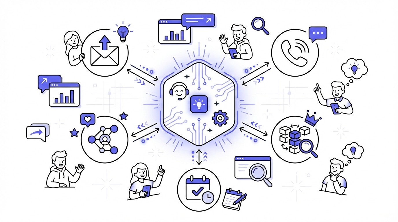 A modern diagram showing a central glowing geometric hub, representing a Sales Engagement Platform, connected by luminous lines to surrounding icons for email, phone, social media, CRM, and calendar, illustrating centralized communication.