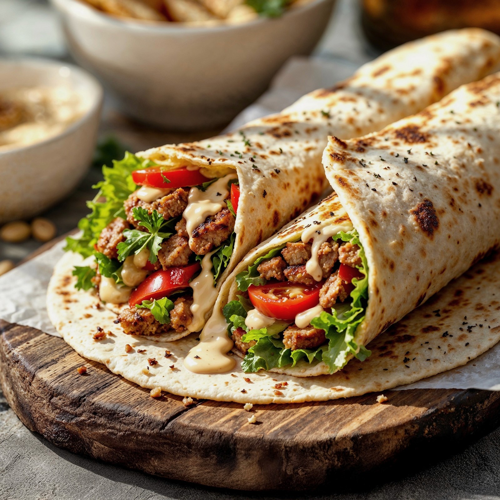 Close-up of two toasted flatbread wraps filled with grilled meat, lettuce, tomatoes, and a creamy sauce, resting on a rustic wooden cutting board.
