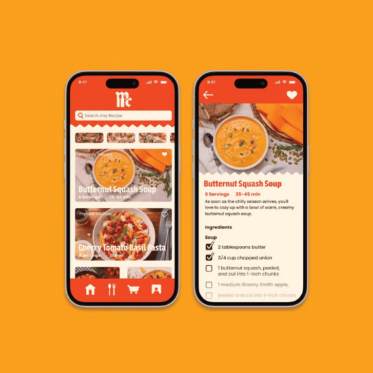 McCormick mobile phone recipe app screens.