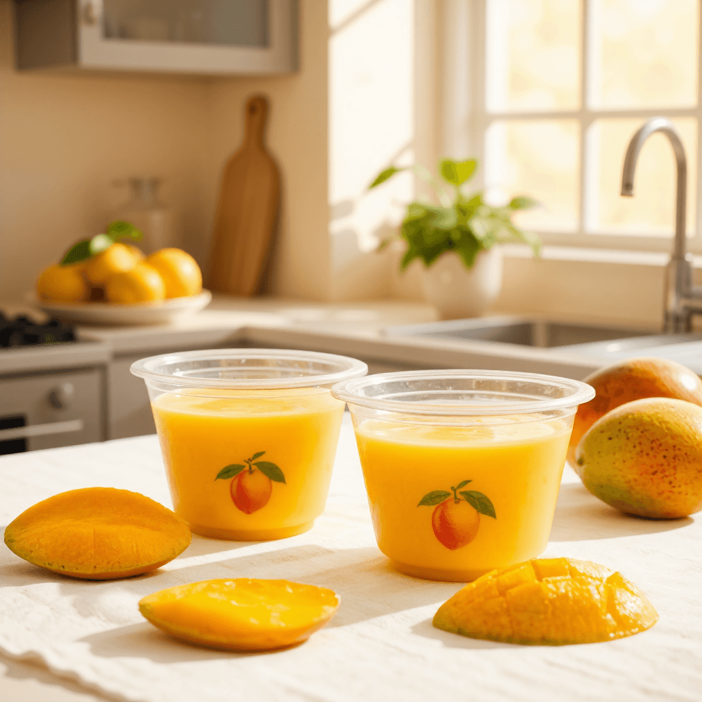 product photography of pack of mango pudding cups