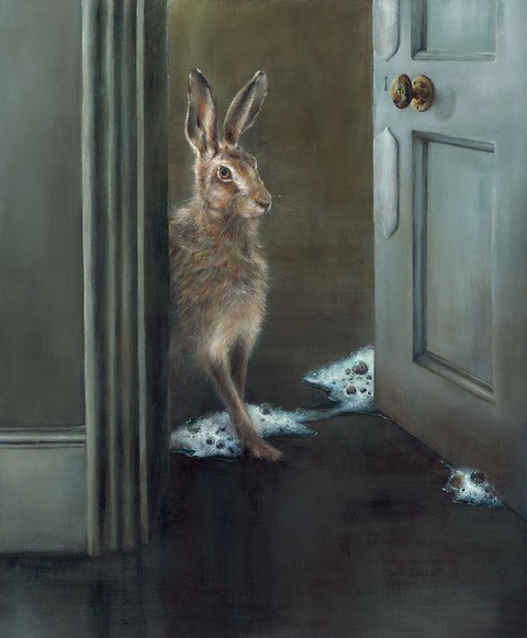 Hare standing in bubbles behind a door anagram painting