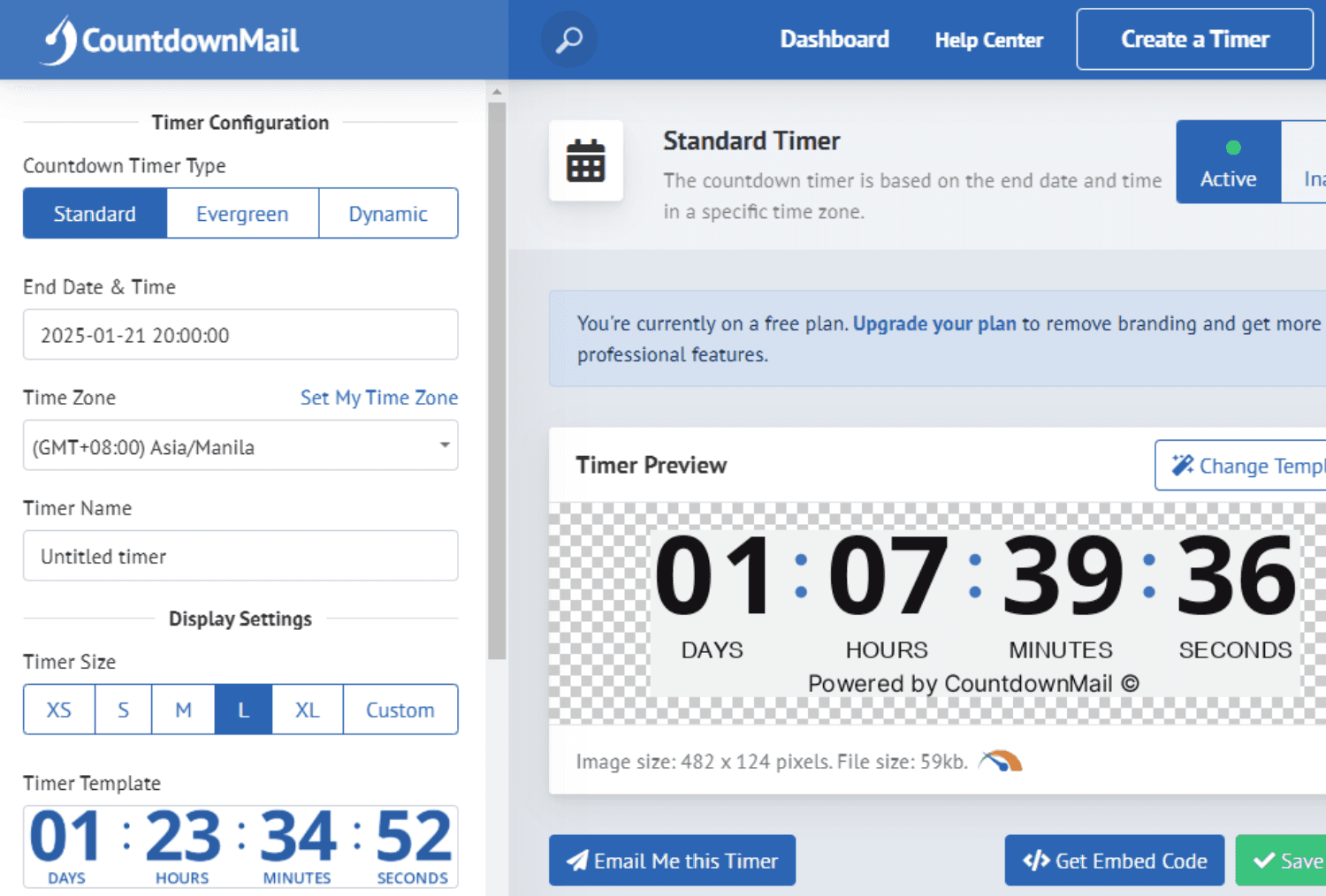 CountdownMail Interface Screenshot: "CountdownMail tool interface showing options for creating a countdown timer with custom configurations, templates, and an HTML embed code preview."