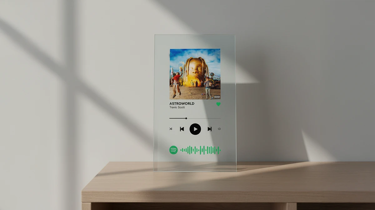 Eine rechteckige, transparente Acrylglasplatte, die auf einer hellen Holzoberfläche steht. Auf der Platte ist das Spotify-Design zu sehen: das Albumcover "ASTROWORLD" von Travis Scott, gefolgt vom Titel und Künstler. Darunter befinden sich die Steuerungstasten und der Spotify-Wellenformbalken in Grün.