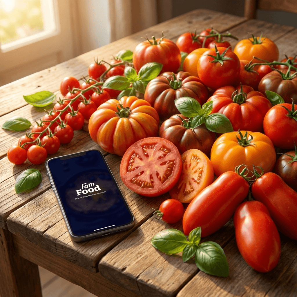 Frische rote Tomaten verschiedener Sorten auf einem rustikalen Holztisch, daneben ein Smartphone mit der FamFood App-Oberfläche