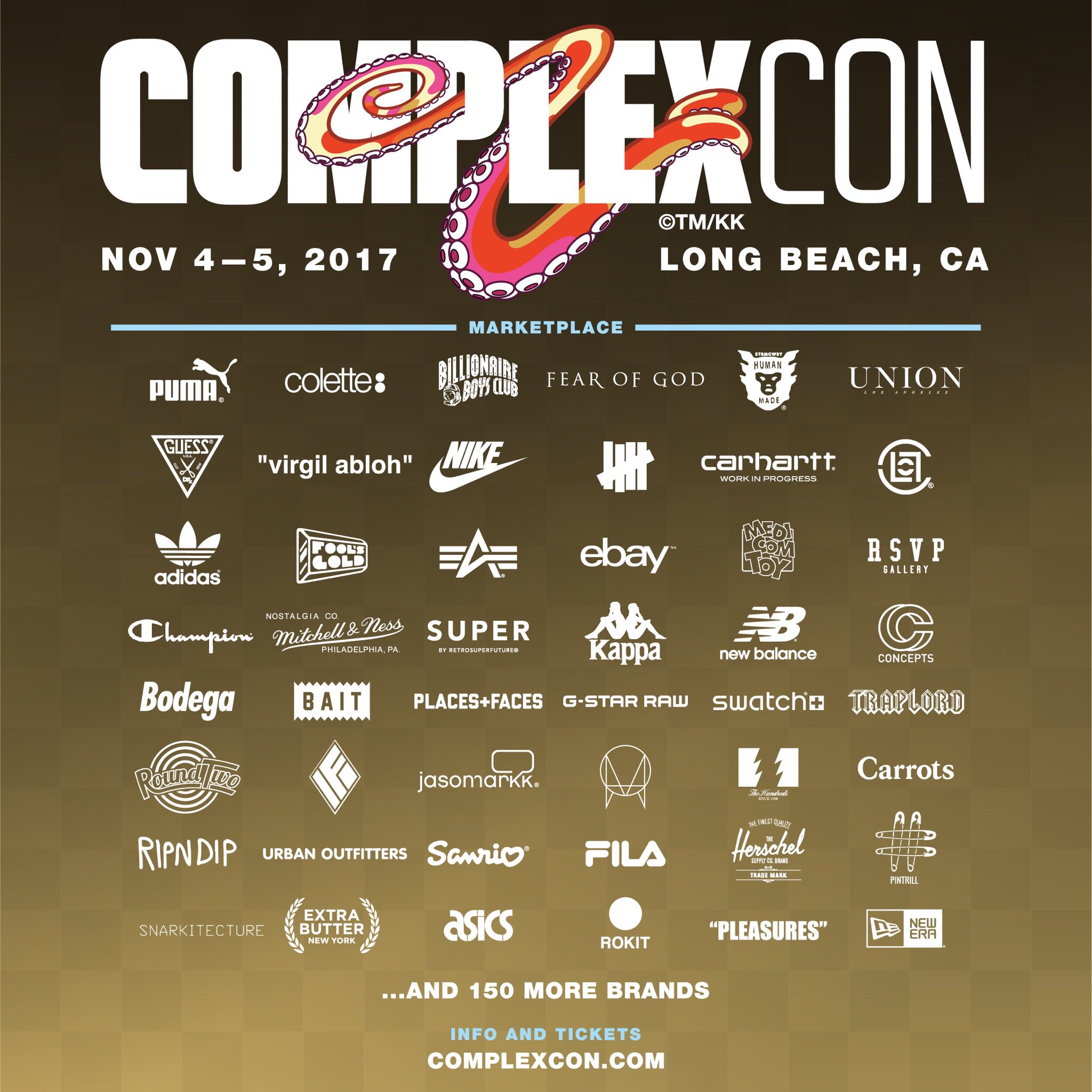 Promotional poster for ComplexCon held in Long Beach, CA on Nov 4–5, 2017, featuring logos of participating brands including Nike, Adidas, Puma, Fear of God, Off-White, and over 150 others