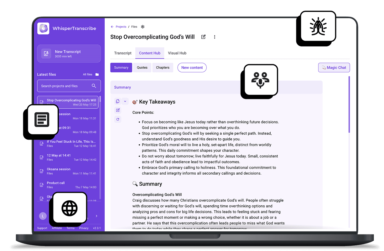 WhispeerTrasncribe interface for Meetings