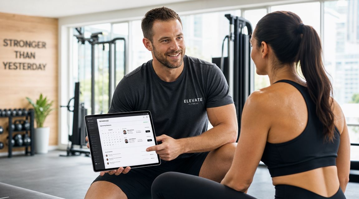 A personal trainer shows a gym client her upcoming fitness schedule on a digital tablet at the gym.