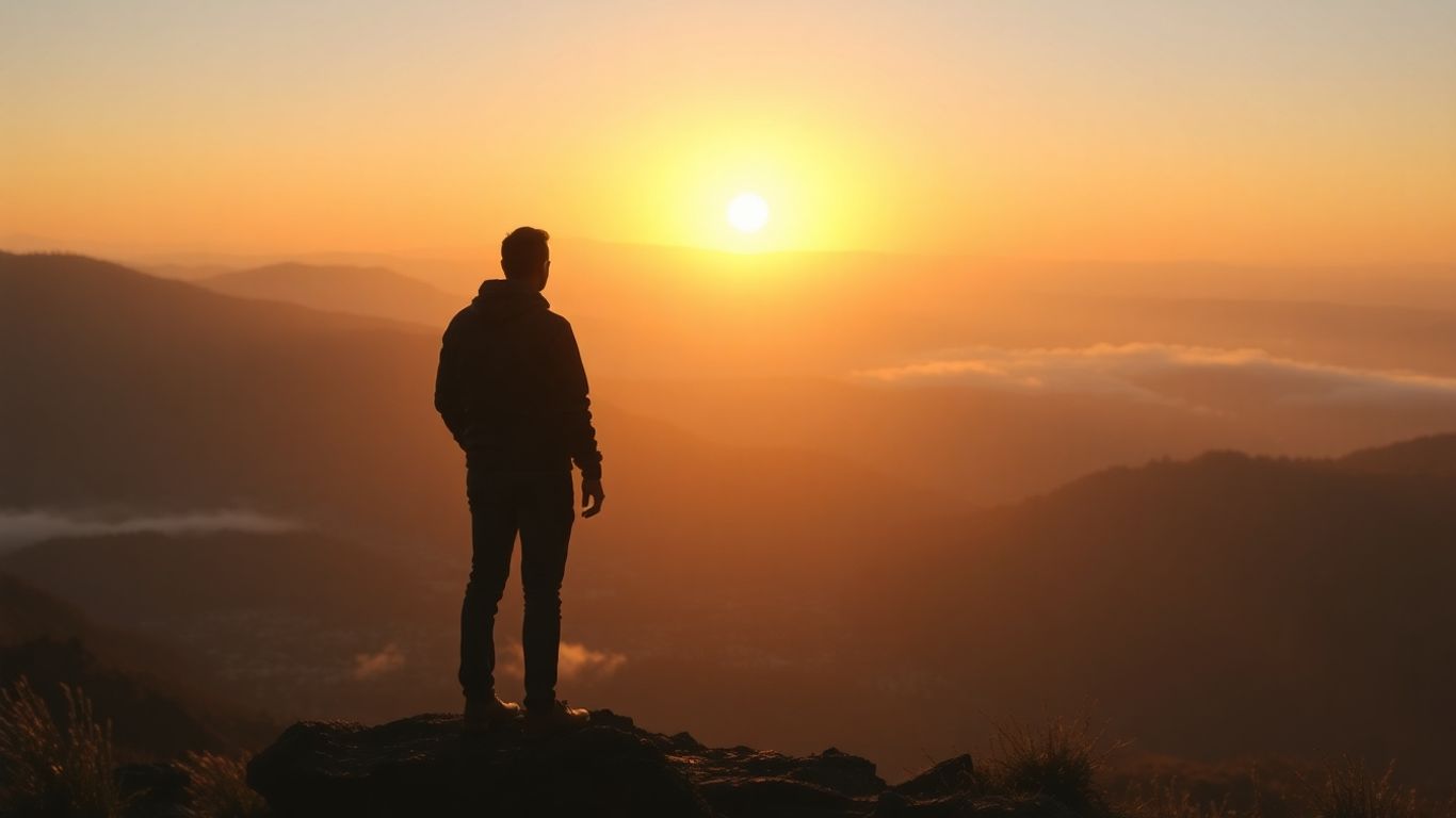 Lone figure on mountaintop at sunrise.