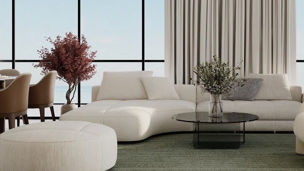 Modern living room at Edgewater Residences featuring a dining table with chairs and contemporary decor.