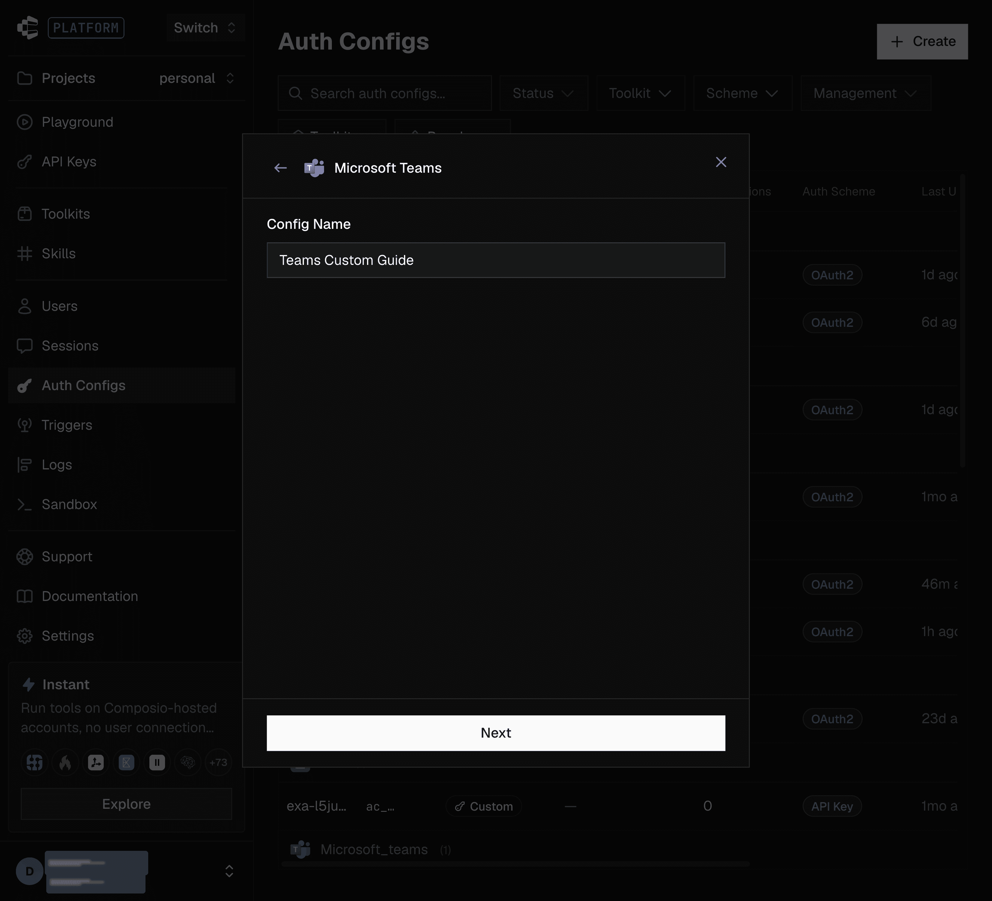 Config Name field for the custom Microsoft Teams auth config