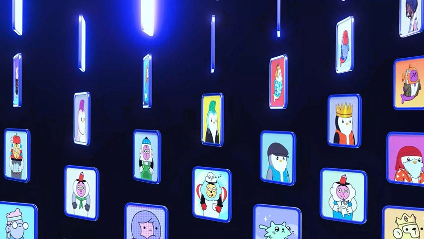 Multiple NFTs card slowly revealing, the background is dark but the cards themselves are brihgtly lit