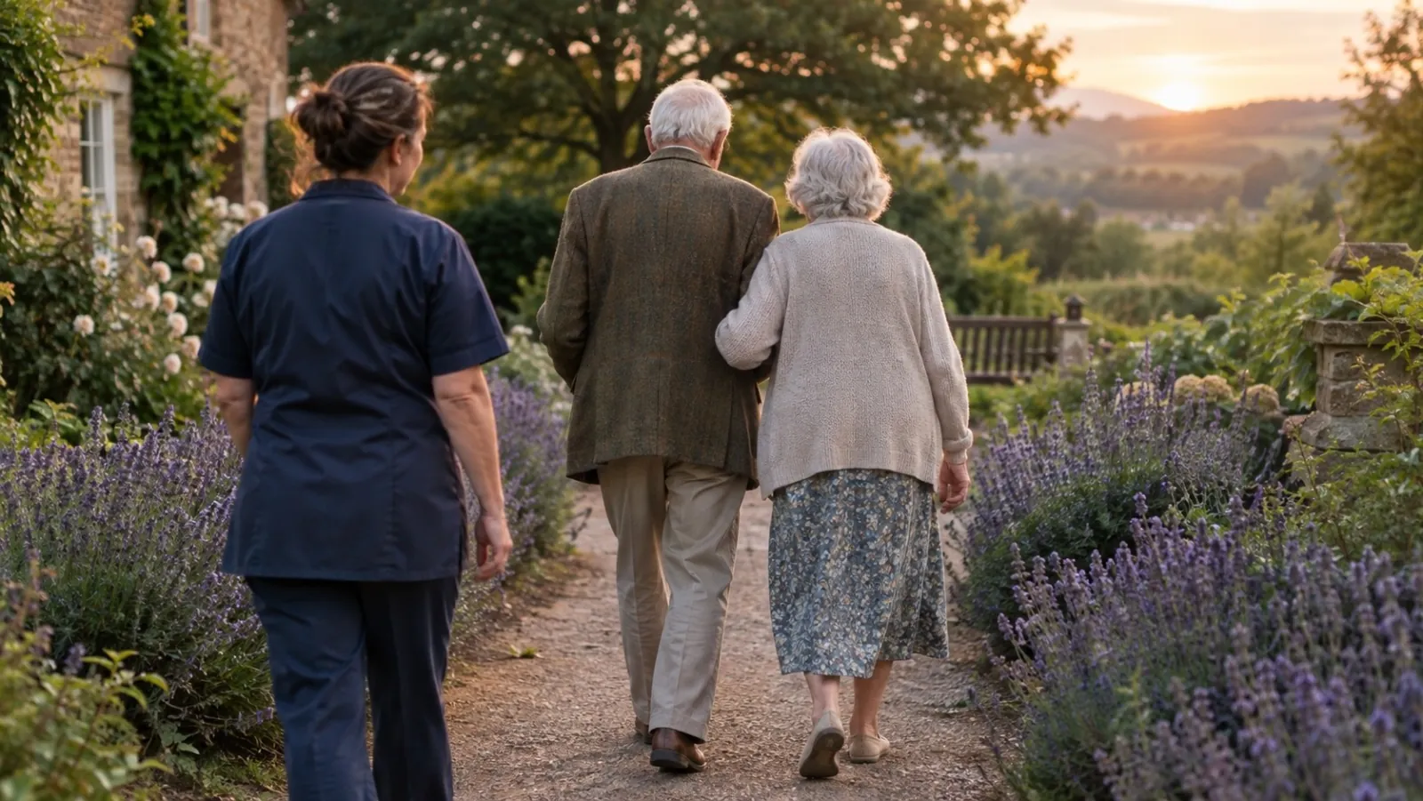 A couple walking arm in arm along the lavender path with a carer