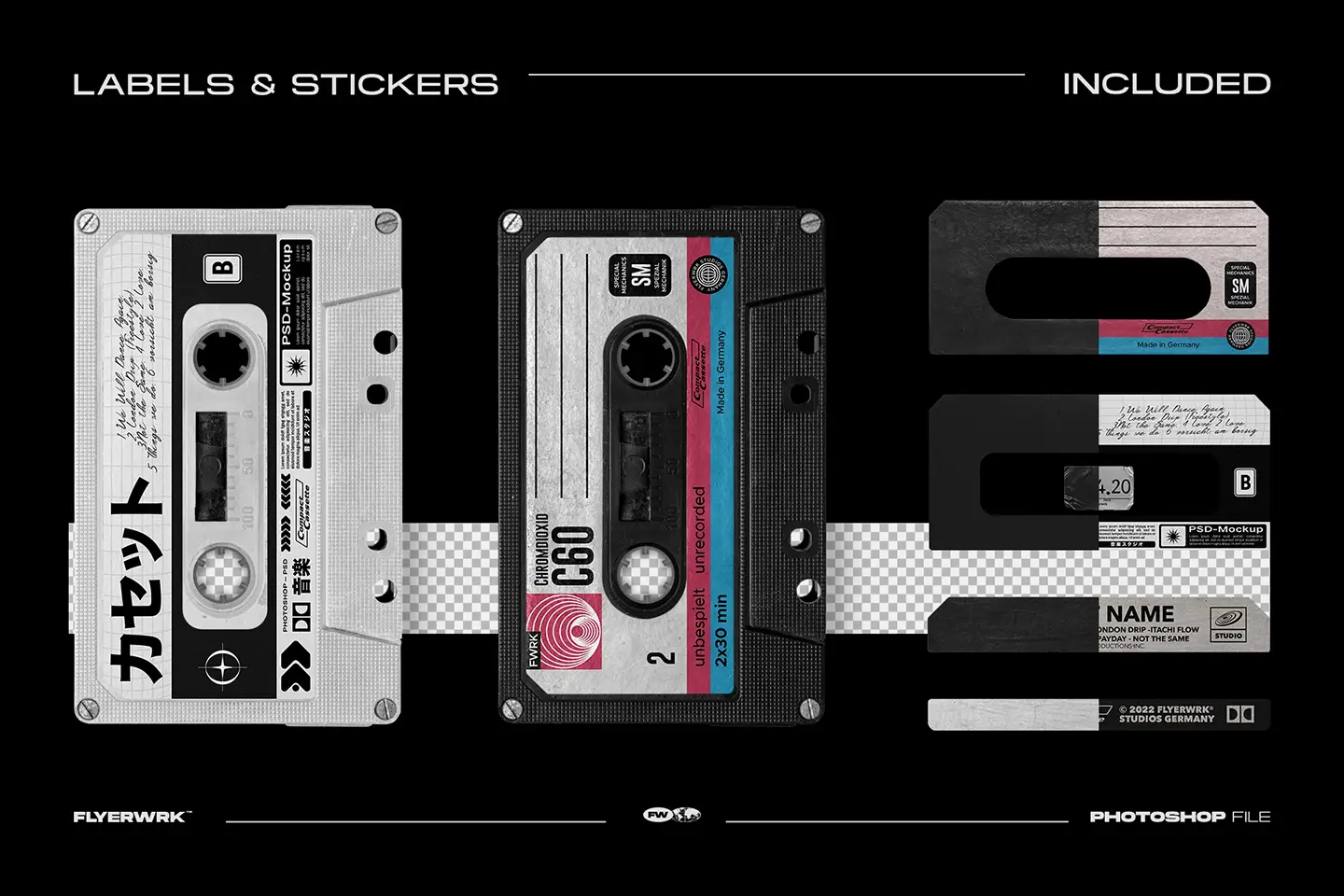 High-resolution label and sticker templates with retro typography for custom tape shell designs.