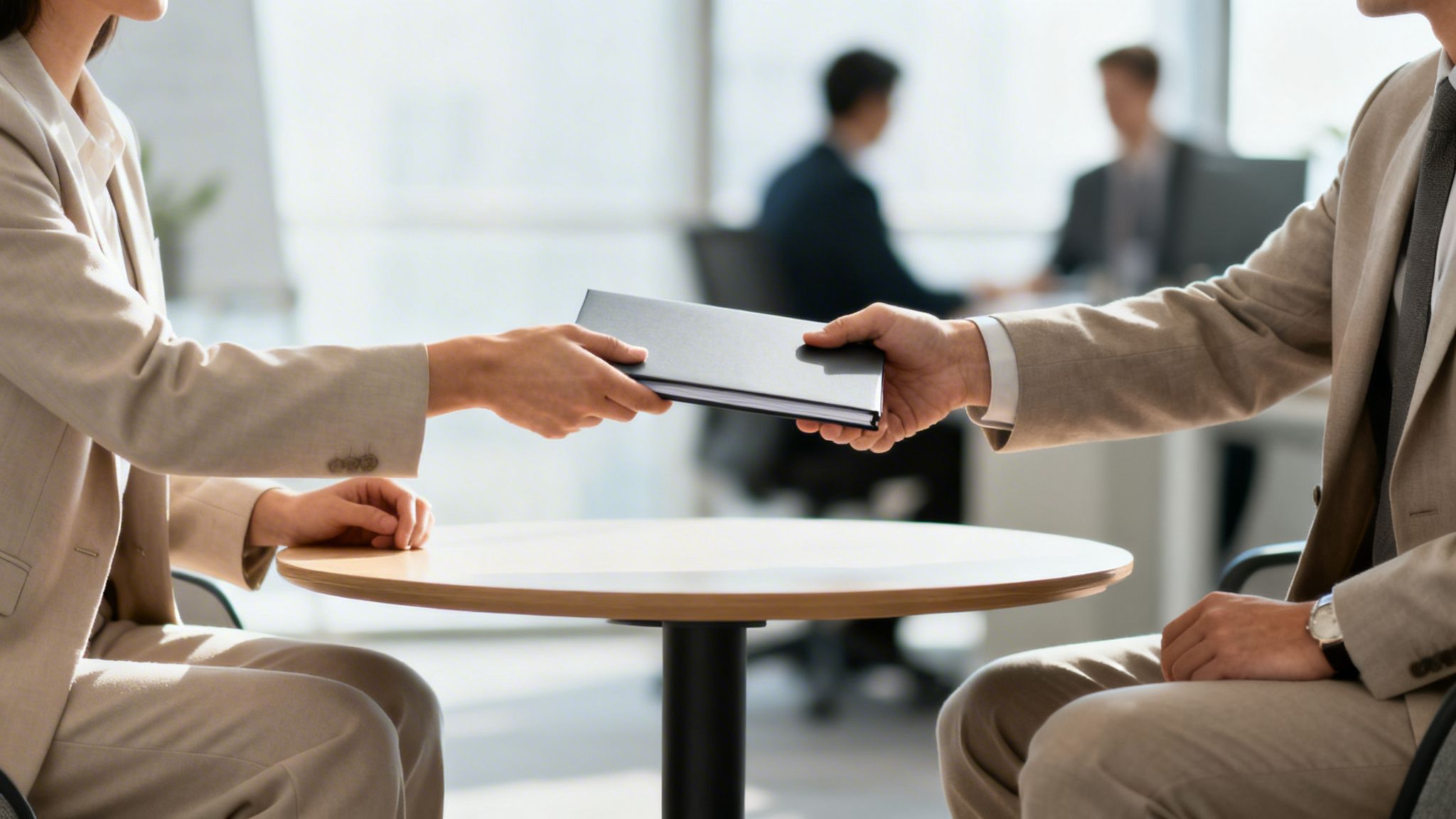 Två affärspersoner utbyter en mapp vid ett bord i en ljus kontorsmiljö.
