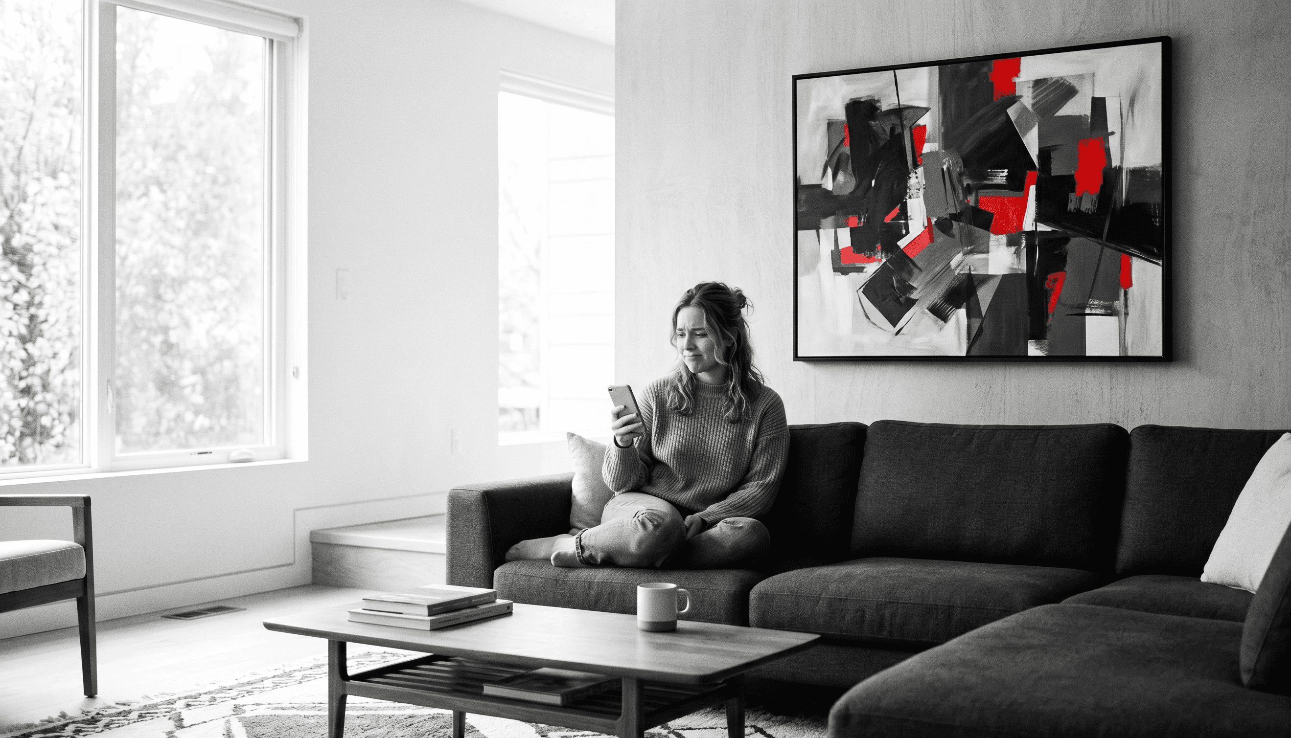 Person looking at their phone wondering if it is listening to them while sitting in a modern living room