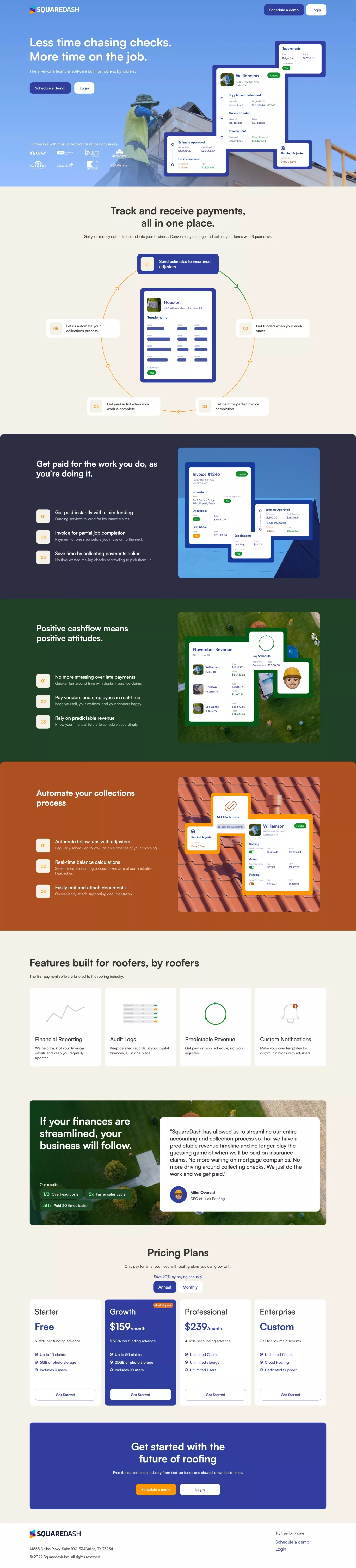 Claim Funding Software For Roofers landing page screenshot showcasing Tech and Finance design