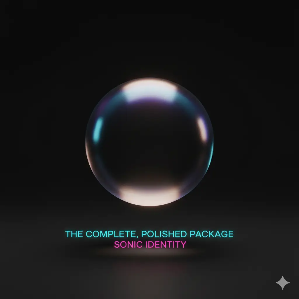 Glossy iridescent sphere hovering above reflective surface with neon text "THE COMPLETE, POLISHED PACKAGE" and "SONIC IDENTITY" on dark background