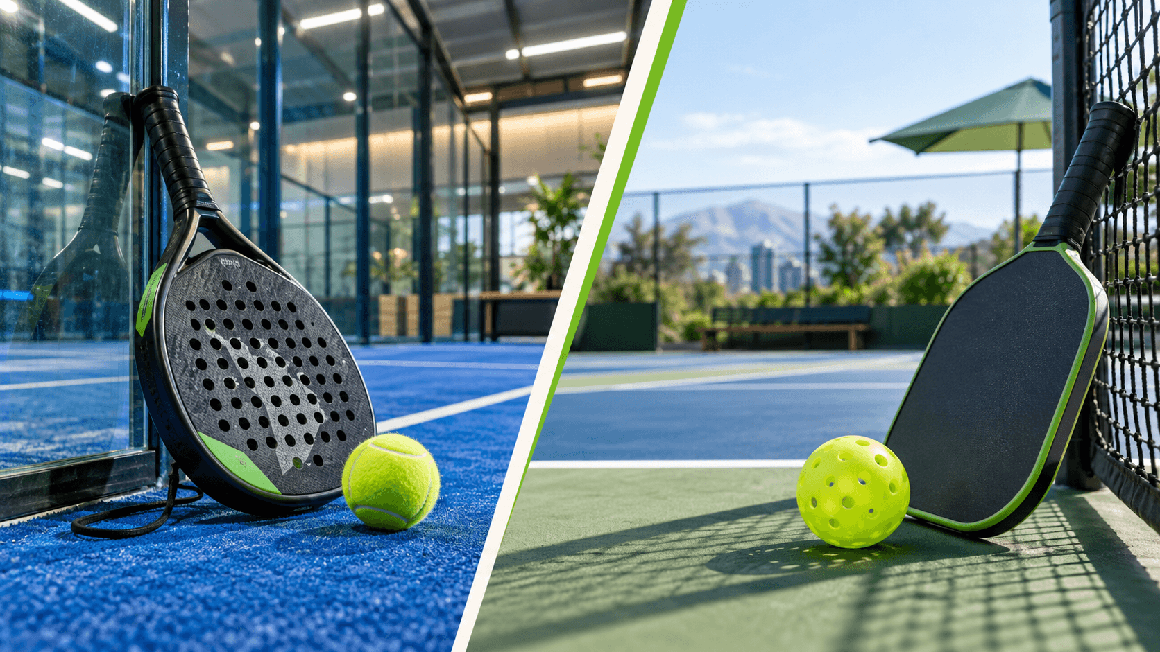 Padel racket and ball compared with pickleball paddle and ball