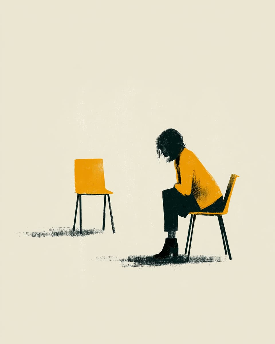 Illustration einer nachdenklichen Person, die auf einem gelben Stuhl sitzt. Melancholie und Einsamkeit.