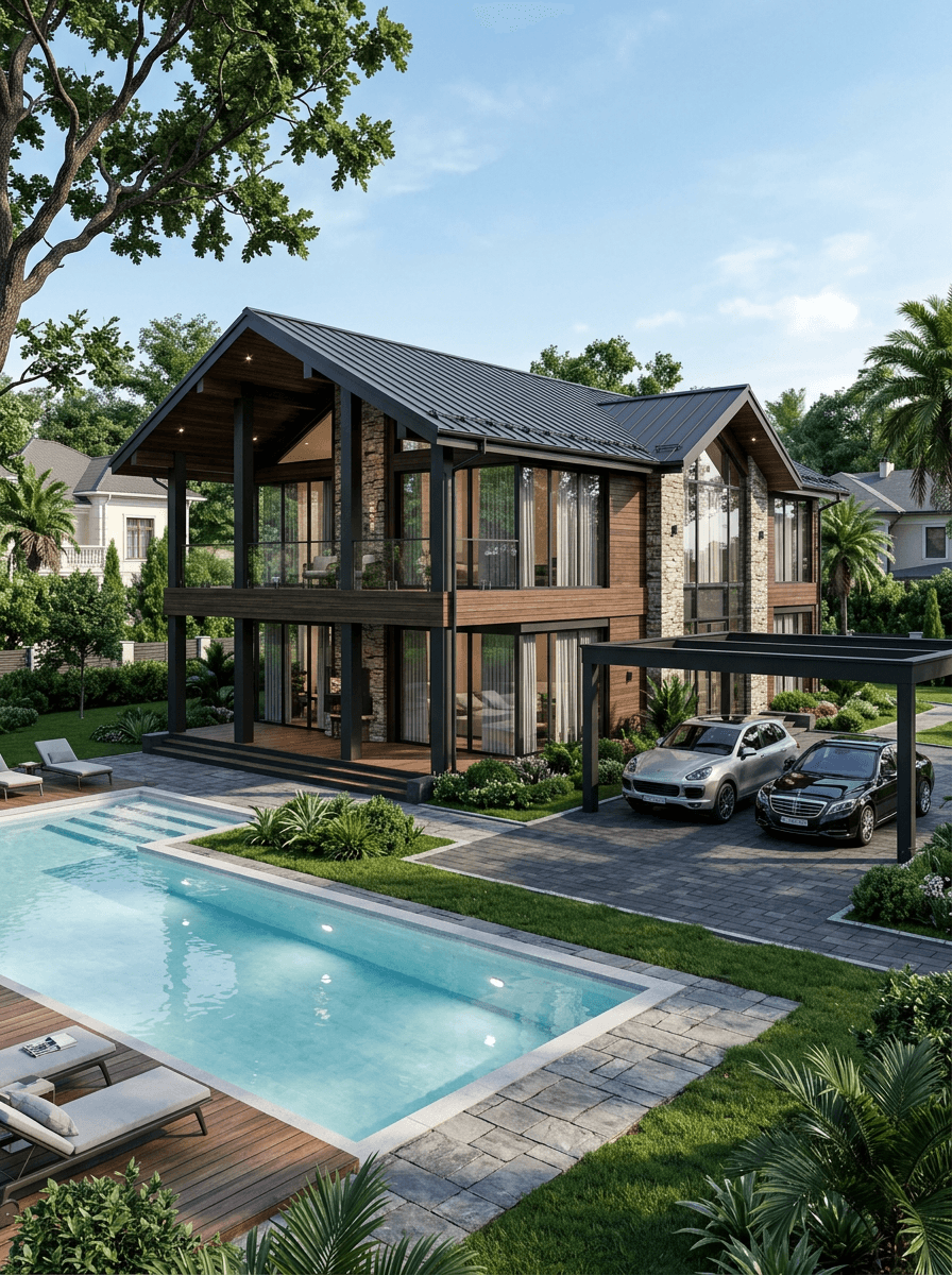 Modern glass house with a pool and two parked cars.