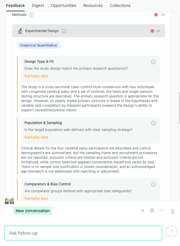 thesify Methods section feedback showing Experimental Design checks with rubric ratings and expandable subcategories
