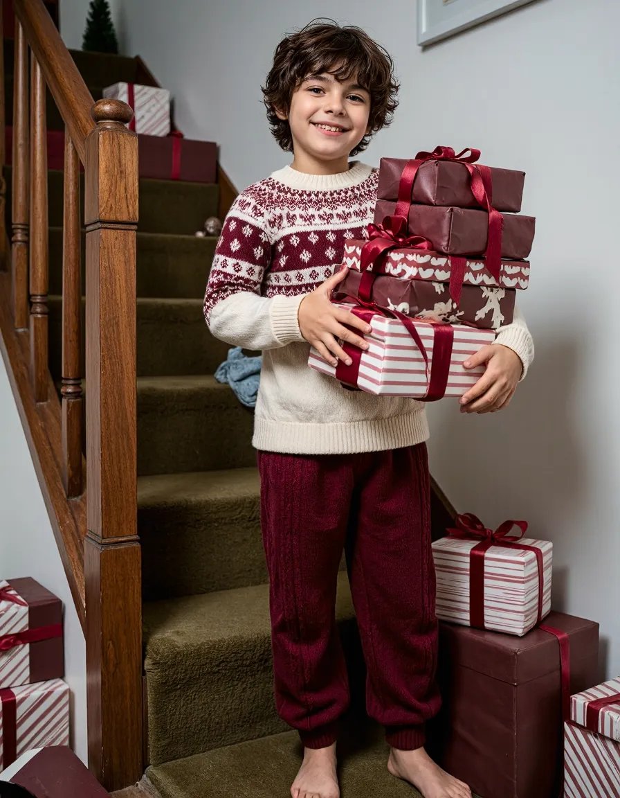 Child in festive sweater holding wrapped Christmas presents on staircase with holiday gifts