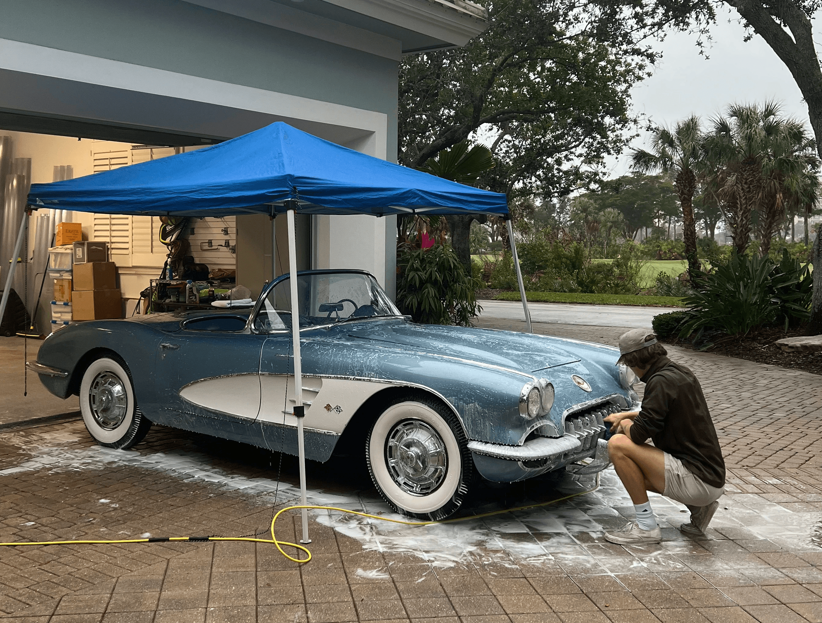 Gulfstream mobile detailing doing a ceramic coating job on a old 1983 baby blue corvet