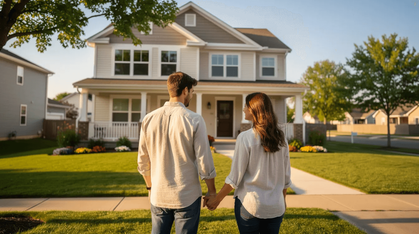 A couple stands together in a sunny neighborhood, gazing at their new home, which symbolizes their fresh start and potential residency change to lower their state income taxes. The warm atmosphere reflects their excitement about establishing a permanent residence in a welcoming community.