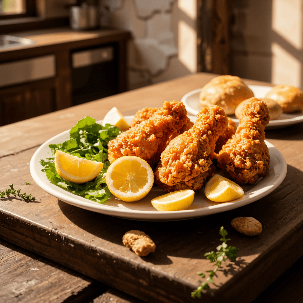 product photography of plate of fried chicken with sides