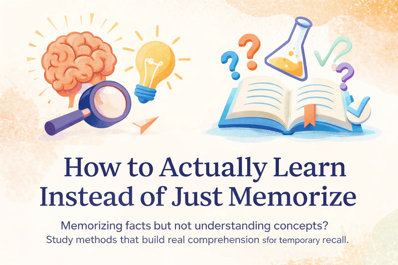 How to Actually Learn Instead of Just Memorize with brain, lightbulb and book icons showing deeper understanding.